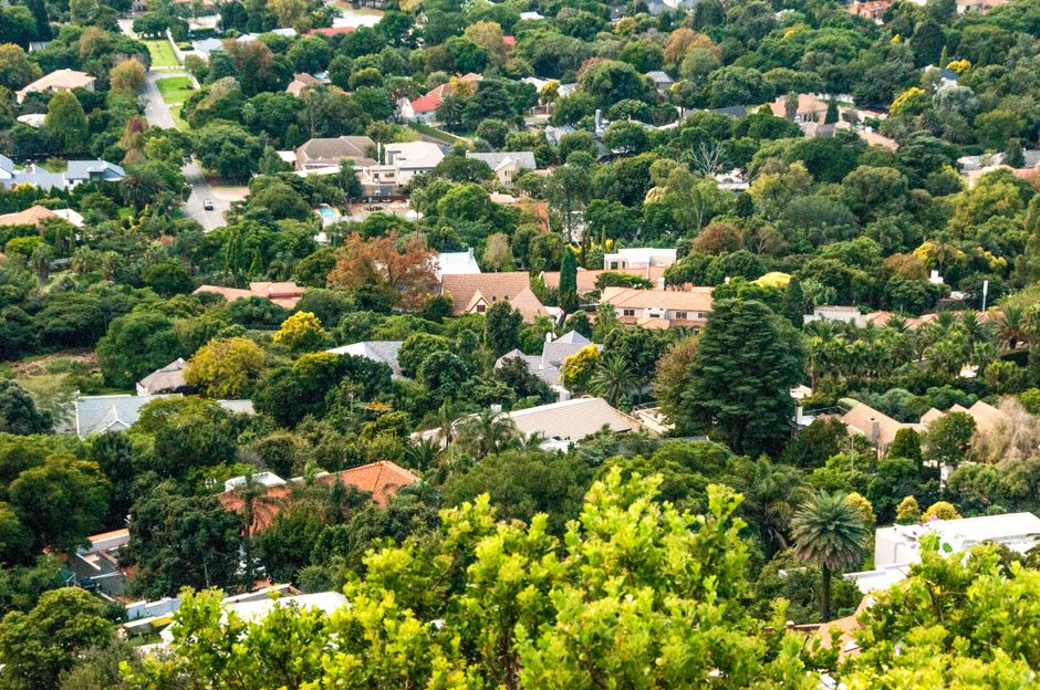 A panoramic view of a densely populated residential area on a hillside, featuring numerous modern detached houses surrounded by lush green trees and vegetation under a clear blue sky. The houses are o