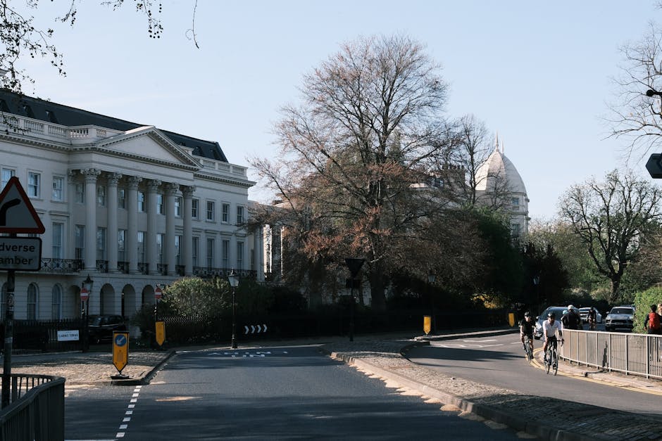 A street scene in Strawberry Hill featuring a large white building with neoclassical architecture, including tall columns and decorative moldings, situated on the left side of the image. In the background, there is a prominent domed structure, partially obscured by leafless trees with bare branches, indicating a late winter or early spring setting. The road in the foreground appears to be a quiet residential street with a few parked cars on the sides and a pedestrian crossing area marked by road signs and yellow bollards. Two cyclists are seen riding along the curved pavement, which is lined with metal railings on the right. The scene is illuminated by natural daylight, with clear blue skies overhead. This setting depicts an environment suitable for home relocation or furniture transport, where moving professionals such as Man with Van Strawberry Hill may load or unload belongings outside these properties during moving services.