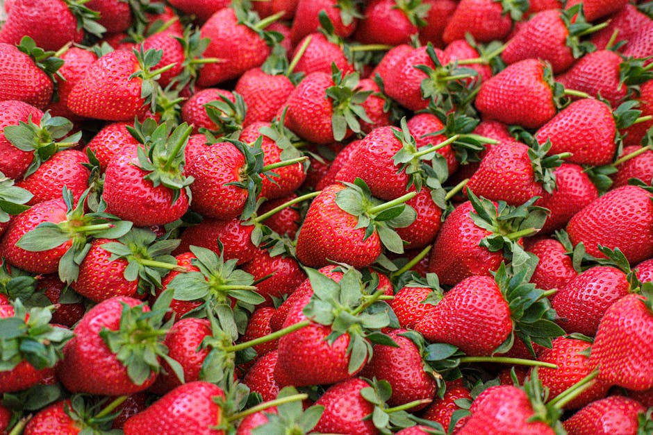 A close-up image of numerous fresh strawberries with green leaves and stems, piled together outdoors. The strawberries are bright red, with visible seeds on their surface, and the background shows some blurred greenery. This image highlights the vibrant, ripe produce, which could be related to packing or preparing for transport during a house move or relocation process. Man with Van Strawberry Hill offers professional removals services, including careful handling of fresh produce or household items during home relocations, as illustrated by the strawberries' detailed appearance and natural setting.