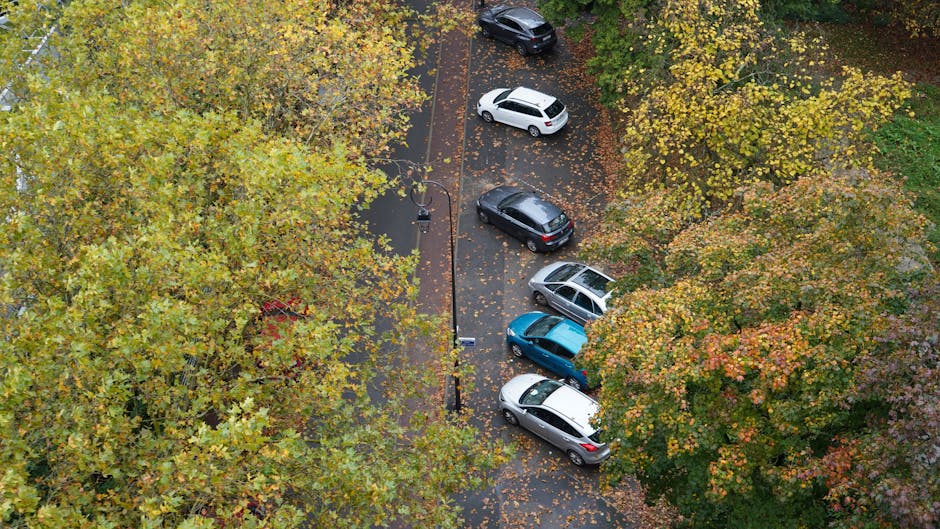 A row of parked cars lining a street in Strawberry Hill, with a sidewalk and residential buildings in the background. The street appears to be relatively narrow, with some trees and street signs visible. The sky is overcast, suggesting cloudy weather. This setting relates to house removals and relocation services, as parking limitations and street access can present challenges for professional movers such as Man with Van Strawberry Hill during home relocation or furniture transport in residential areas.